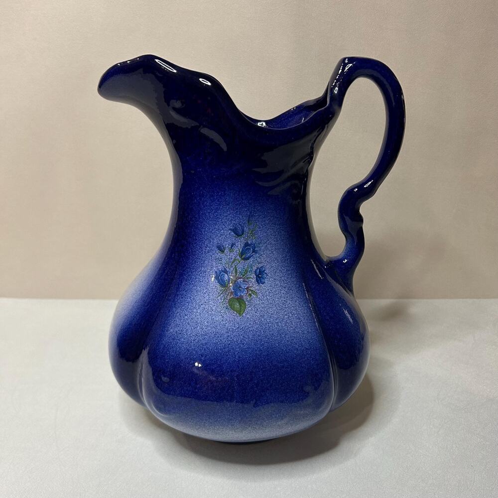 Antique Monmouth Pottery Cobalt Blue Pitcher w/ Floral Design Stoneware